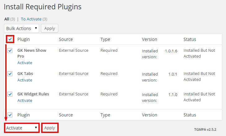 activating required plugins in the box theme for wordpress