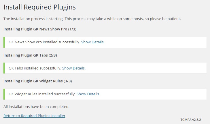 Successful bulk install of the required plugins in the box wordpress theme