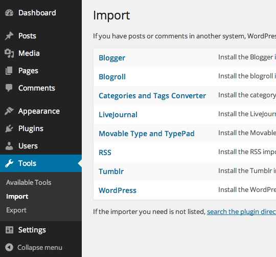 a list of available sources for importing wordpress content