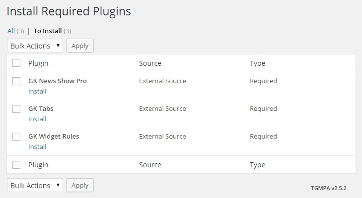The install required plugins screen with no options changed