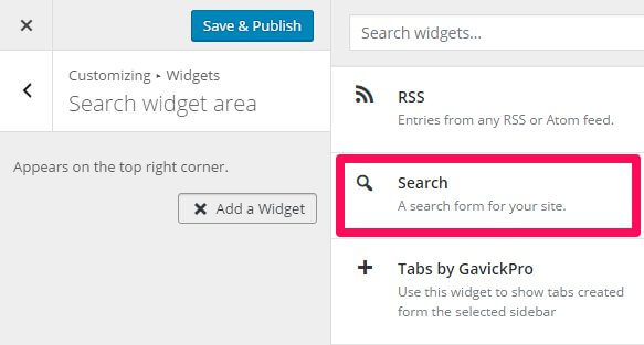 selecting a widget in the wordpress customizer