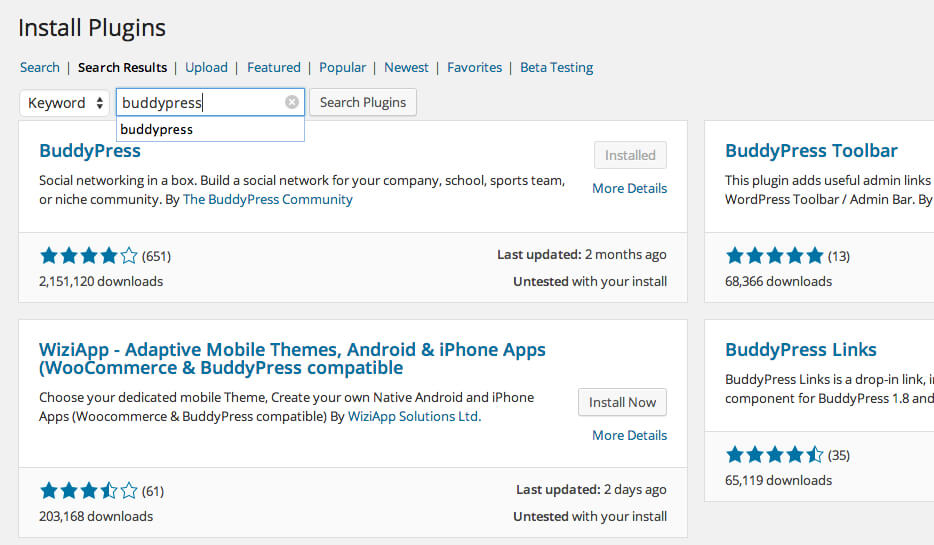 WordPress 4.0 Install Plugins screenshot.