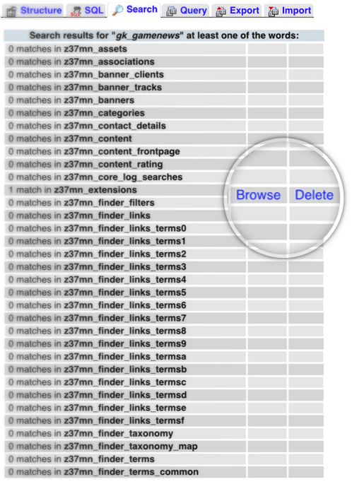 phpMyAdmin search template name in database