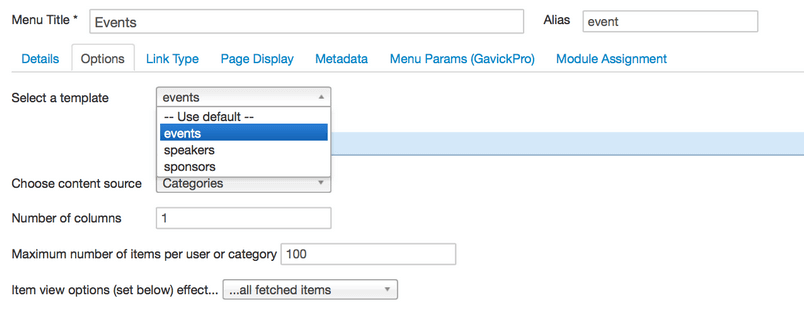 K2 selecte custom template option