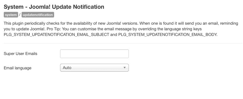 Joomla update notifications - configuration screen
