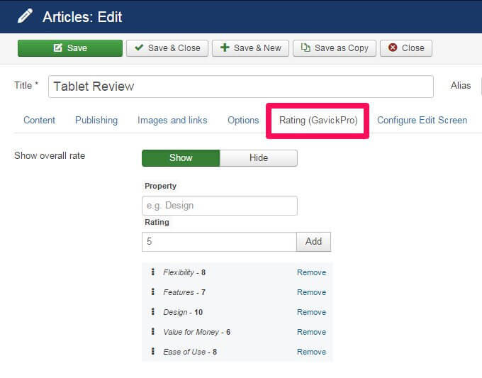 reviews score categories and other options as seen in the gk ratings joomla plugin