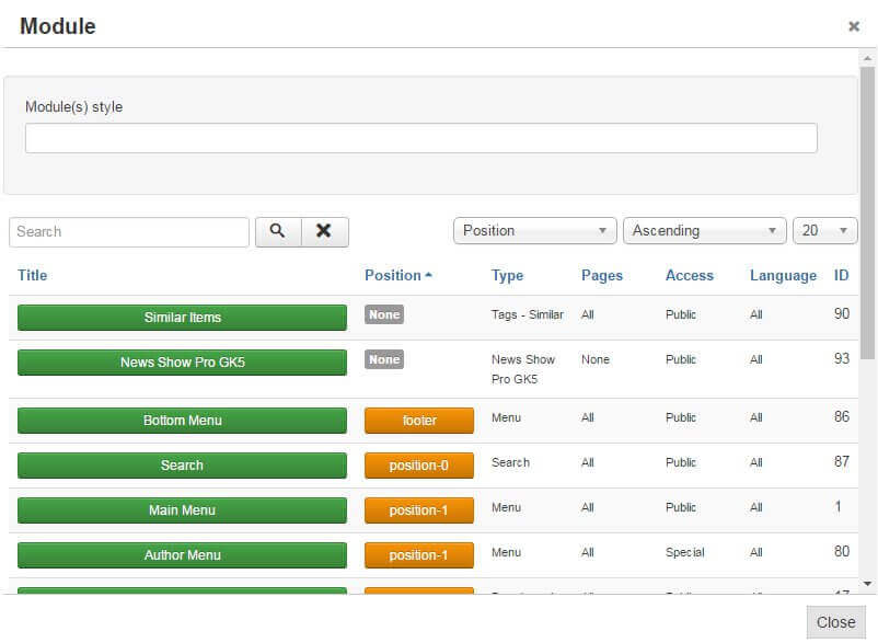 The module select screen in the TinyMCE editor