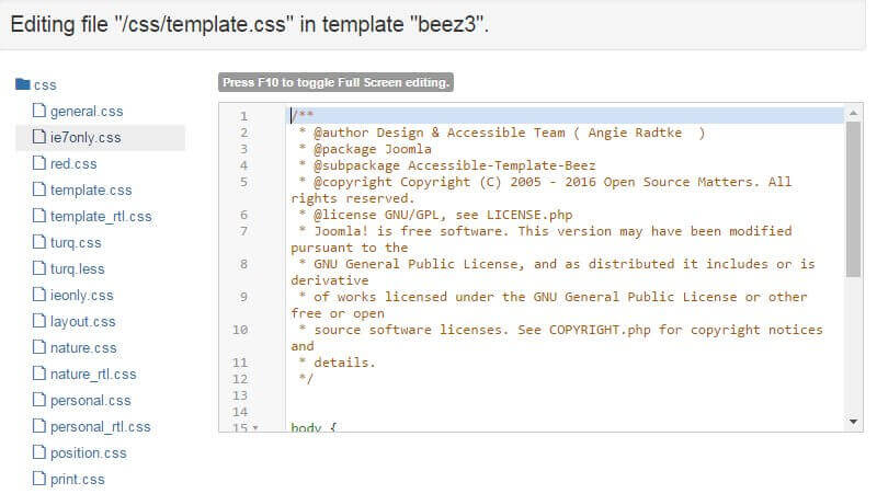 modifying template files in the joomla file editor