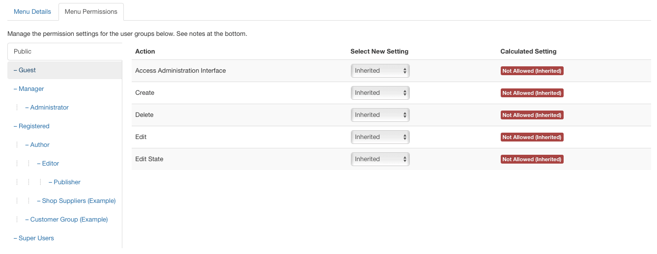 ACL Menu Settings in Joomla! 3.6