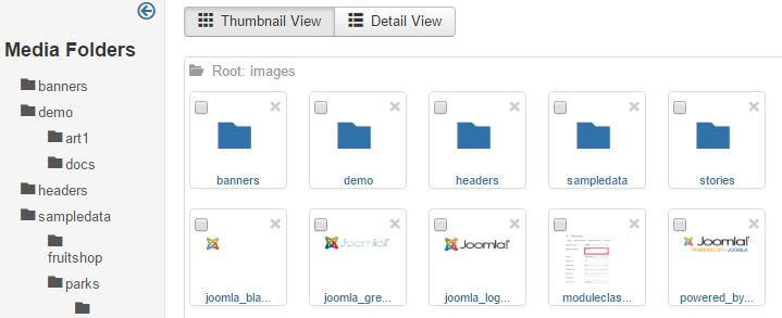 the default view showing folder hierarchy and files in the joomla media manager