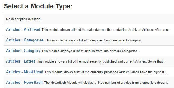 choosing a module type in joomla