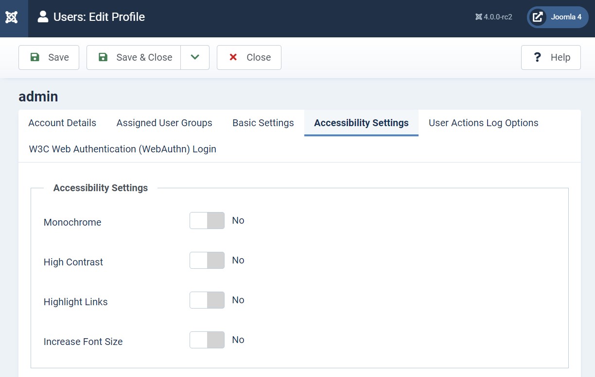 Joomla 4 accessibility support