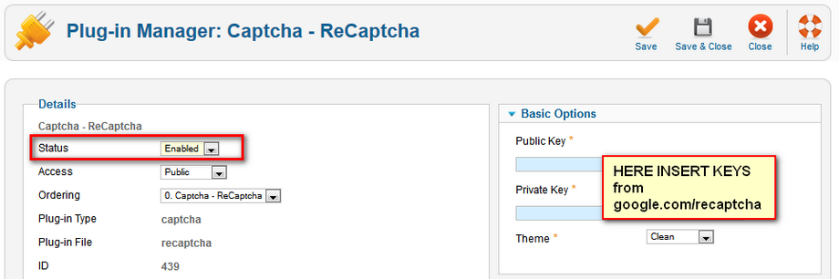 Captcha settings in Joomla