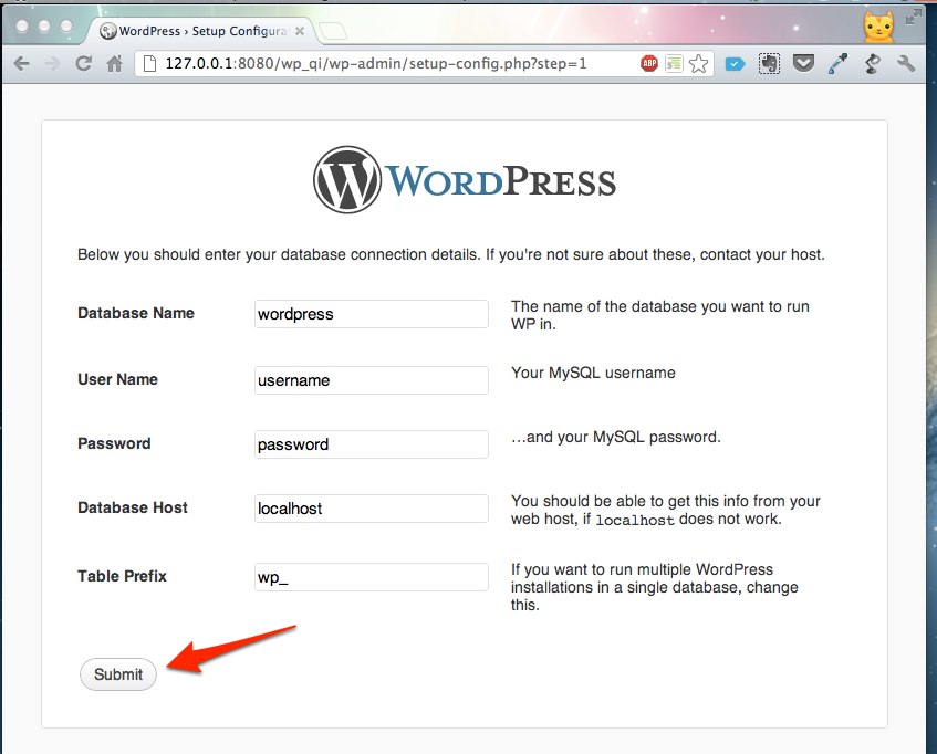 WordPress database settings