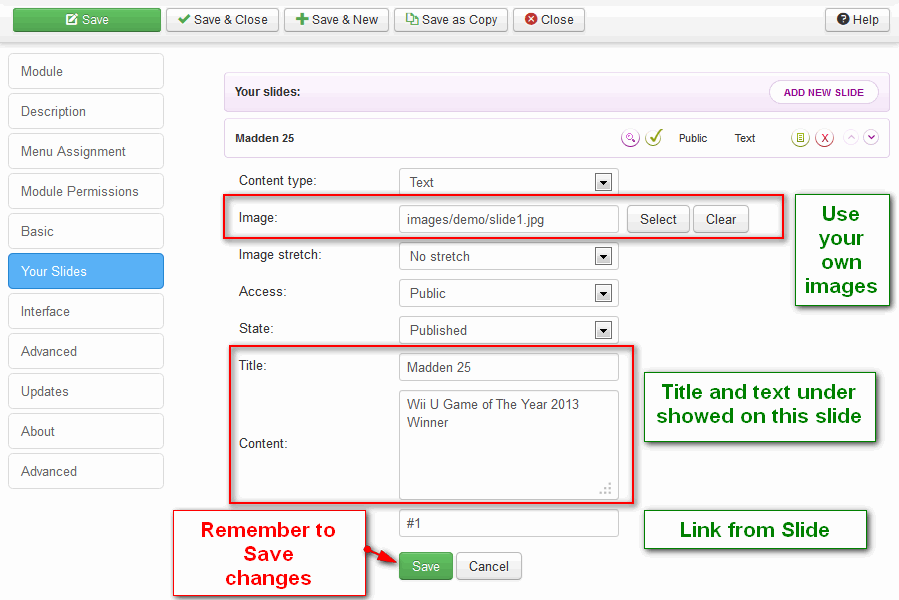 Fill those fields and Save settings of each Slide