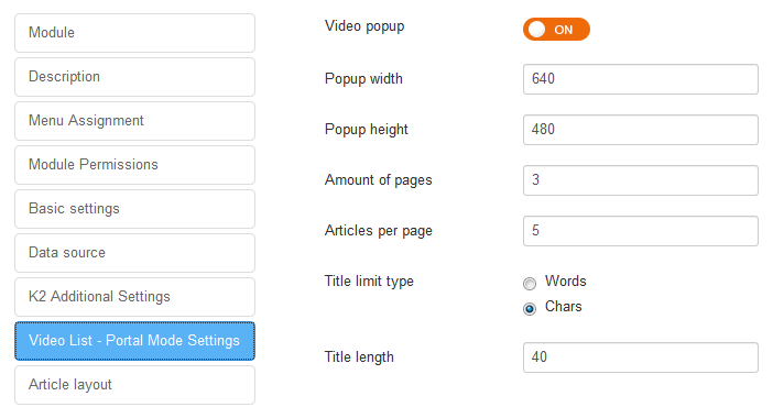Video List - Portal Mode Settings