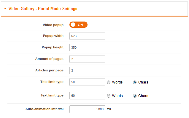 Video Gallery - Portal Mode Settings