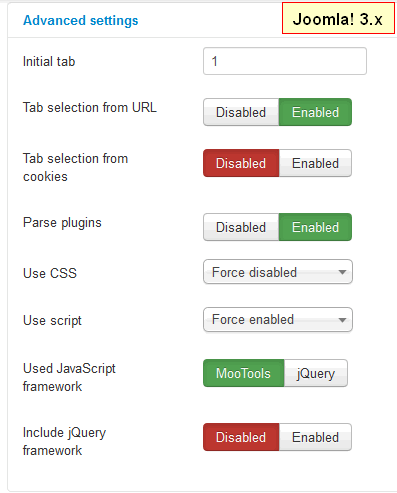 advanced settings of Joomla tabs module