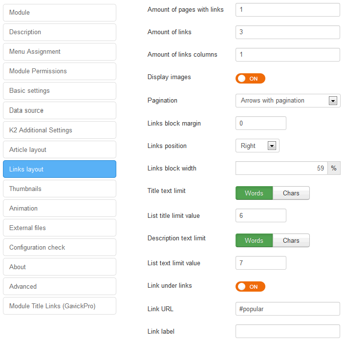 Links Layout settings