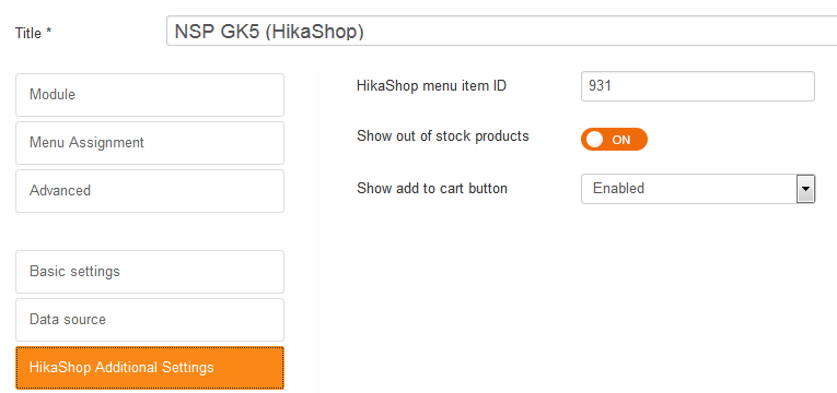 Settings for HikaShop - this component must be installed to use this feature