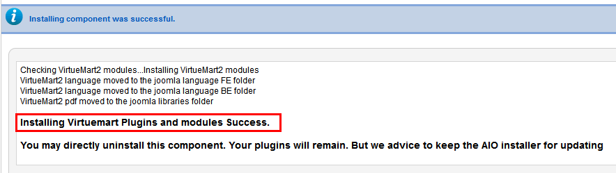 Installing Virtuemart Plugins and modules Success.