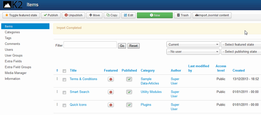 K2 after import of Joomla! articles