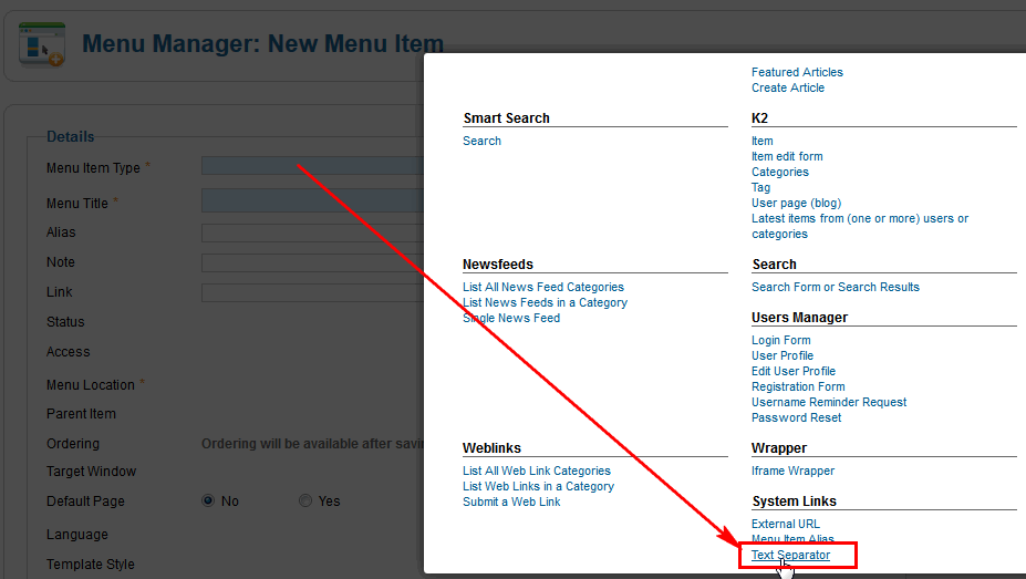 From the list of Menu types choose Text separator