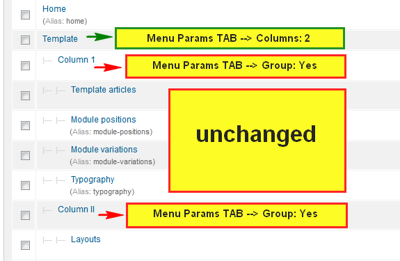 Settings for submenu in columns