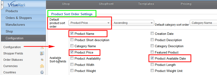 VirtueMart - chaining default sorting options