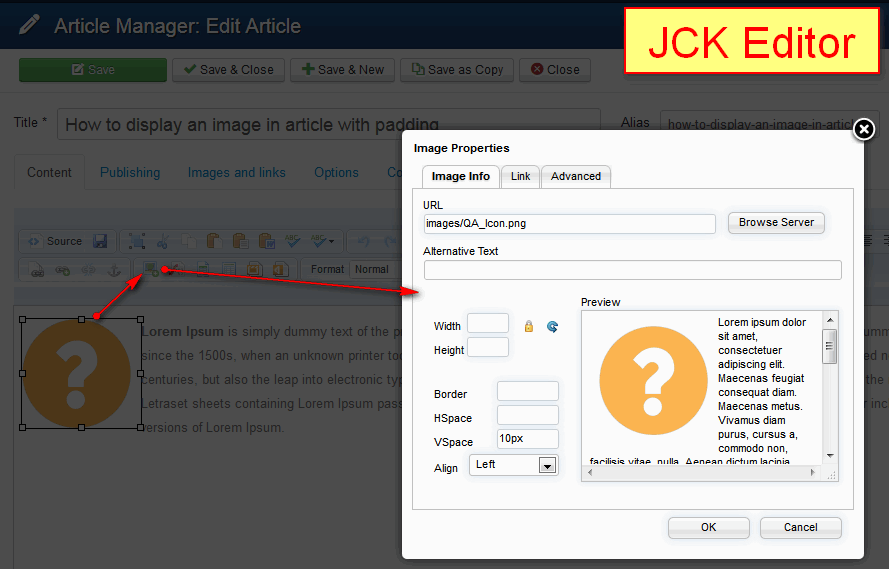 JCK Editor - adding images with space