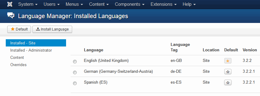 List of installed languages in Joomla 3.x