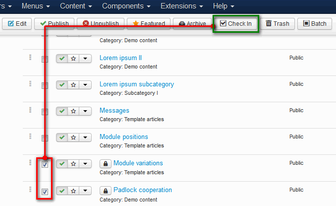 Use Check In button to unlock items in Joomla