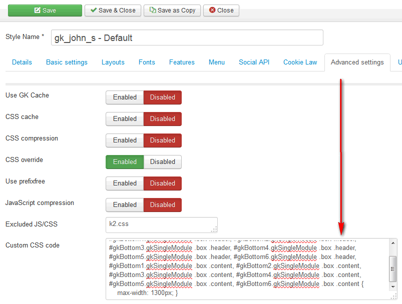 GK Template - Custom CSS code field