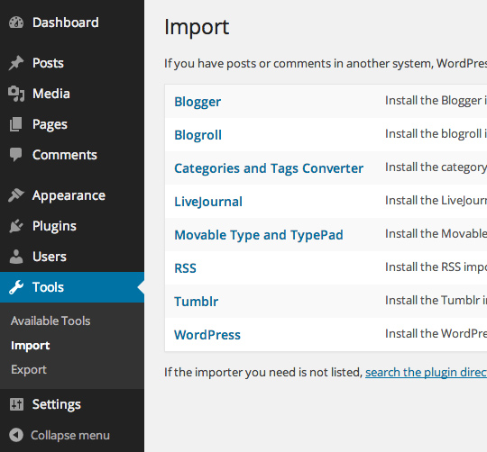 Selecting the WordPress importer tool in the menu