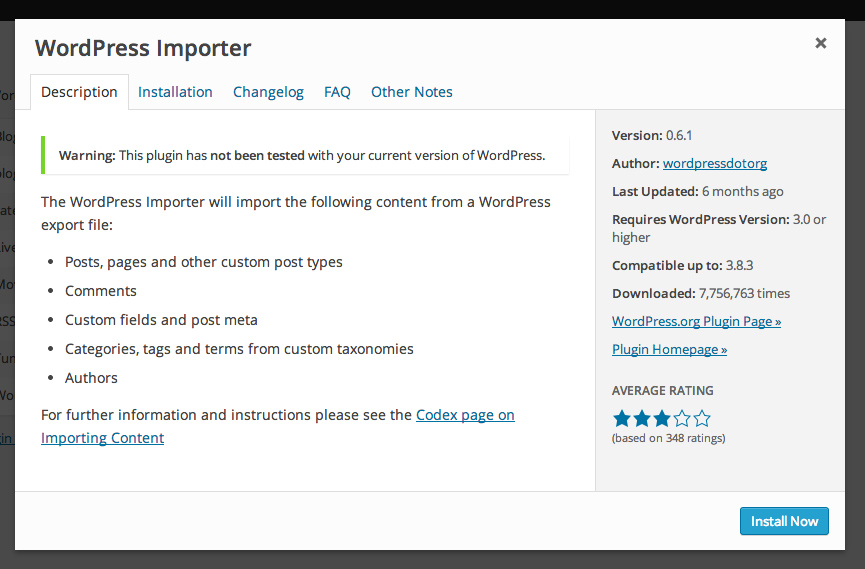 Installing the WordPress importer