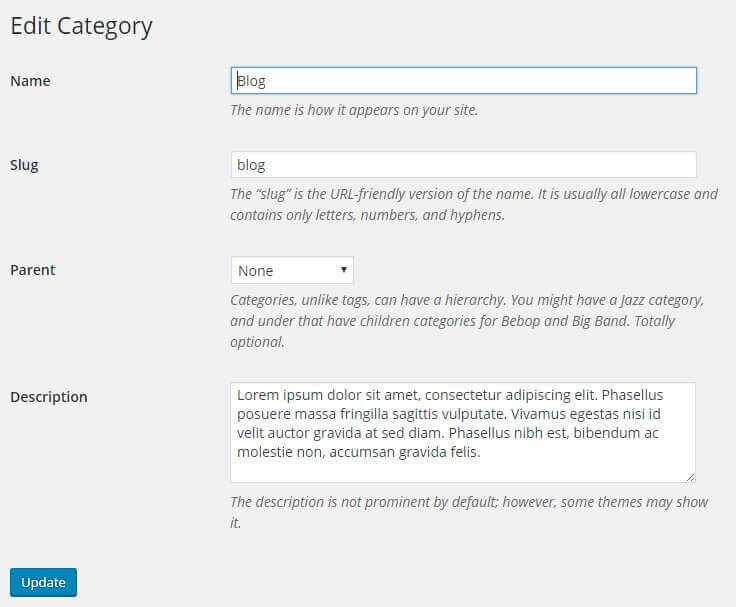 editing a category in the wordpress dashboard