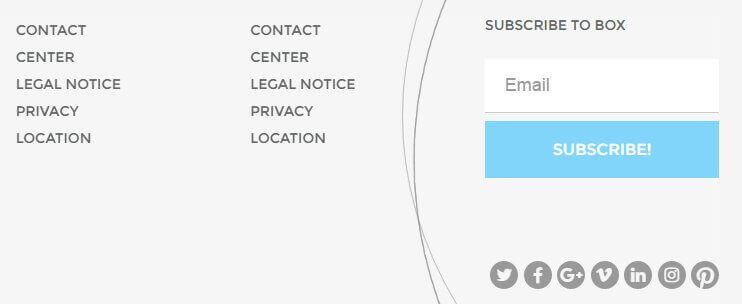 the footer links, newsletter and social icons in the box theme