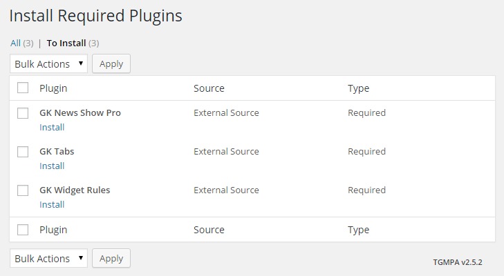 The install required plugins screen with no options changed