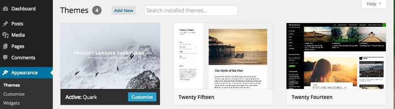 A view of the themes page on the WordPress dashboard