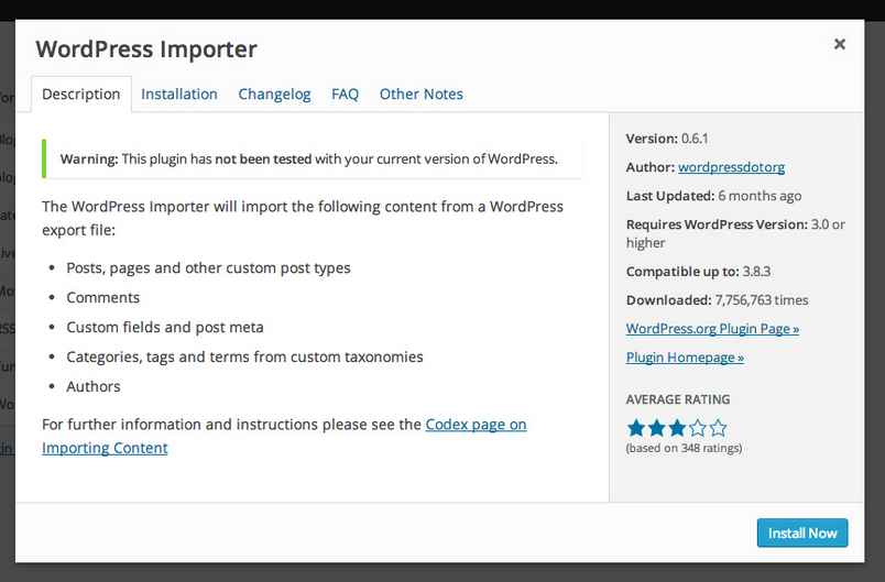 Installing the WordPress importer