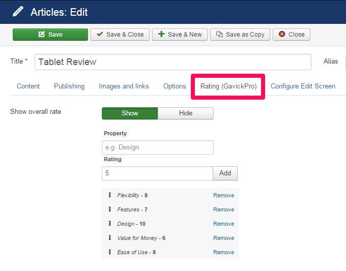 the options screen of the gk ratings review score plugin for Joomla