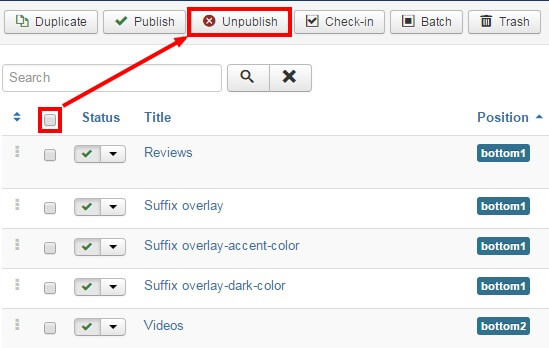 unpublishing modules on the joomla backend