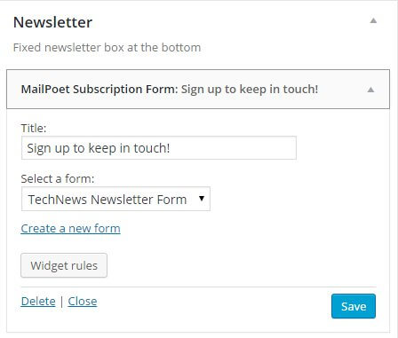 the mailpoet form widget in the wordpress backend