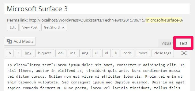 activating text mode in the wordpress post edit screen