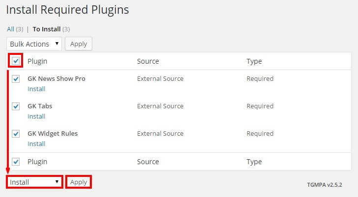 Bulk installing all the required plugins in the technews wordpress theme