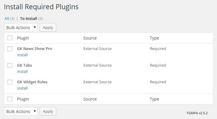 The install required plugins screen with no options changed