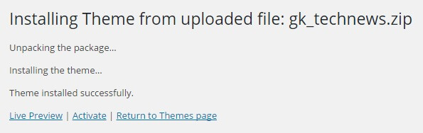 A successful theme installation in wordpress